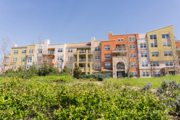 Residential apartment buildings on telecommunication hill in San Jose, CA.